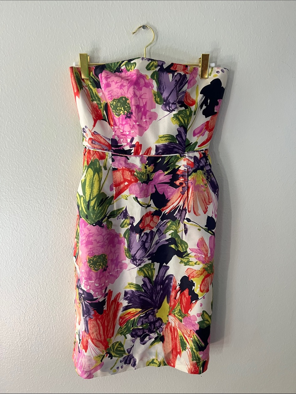 J. Crew Strapless Colorful Painterly Floral Silk Dress in Pink Purple Green 0 XS